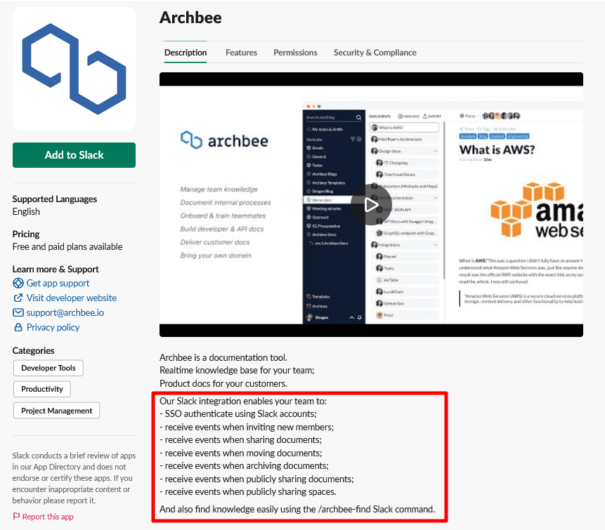 Slack.com have Archbee integration