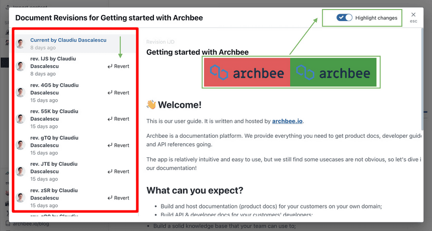 Archbee allows you to see the history of document edits