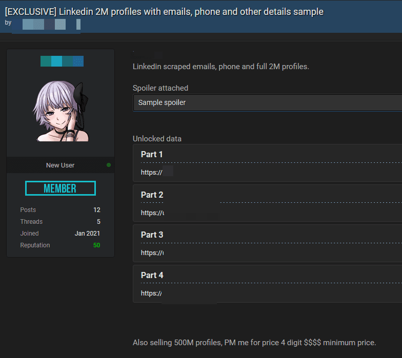 Data of 500 million LinkedIn users was posted for sale on one hacker forum