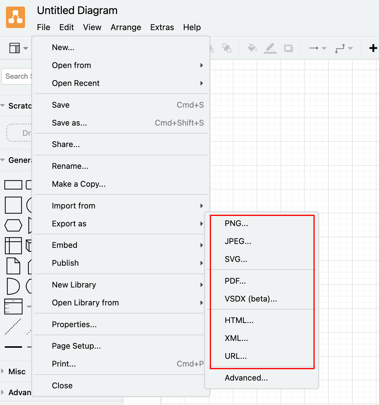 diagrams.net export options