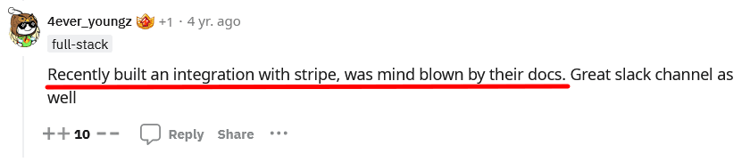 Reddit user talking about Stripe's documentation
