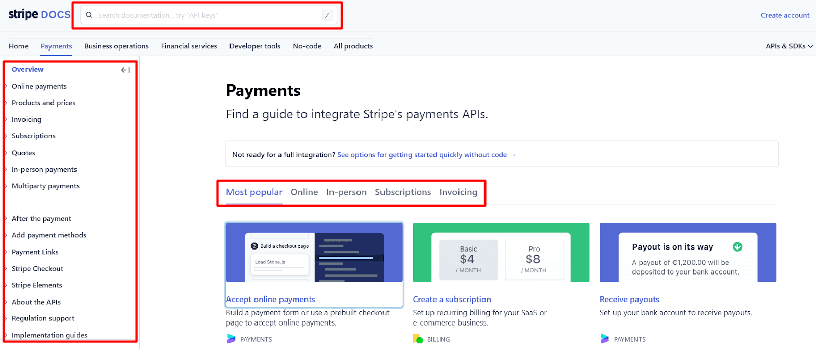 Stripe wisely includes several navigational elements to make it easier for users to find what they need