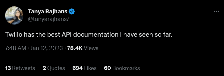 Tweet about Twilio providing API documentation