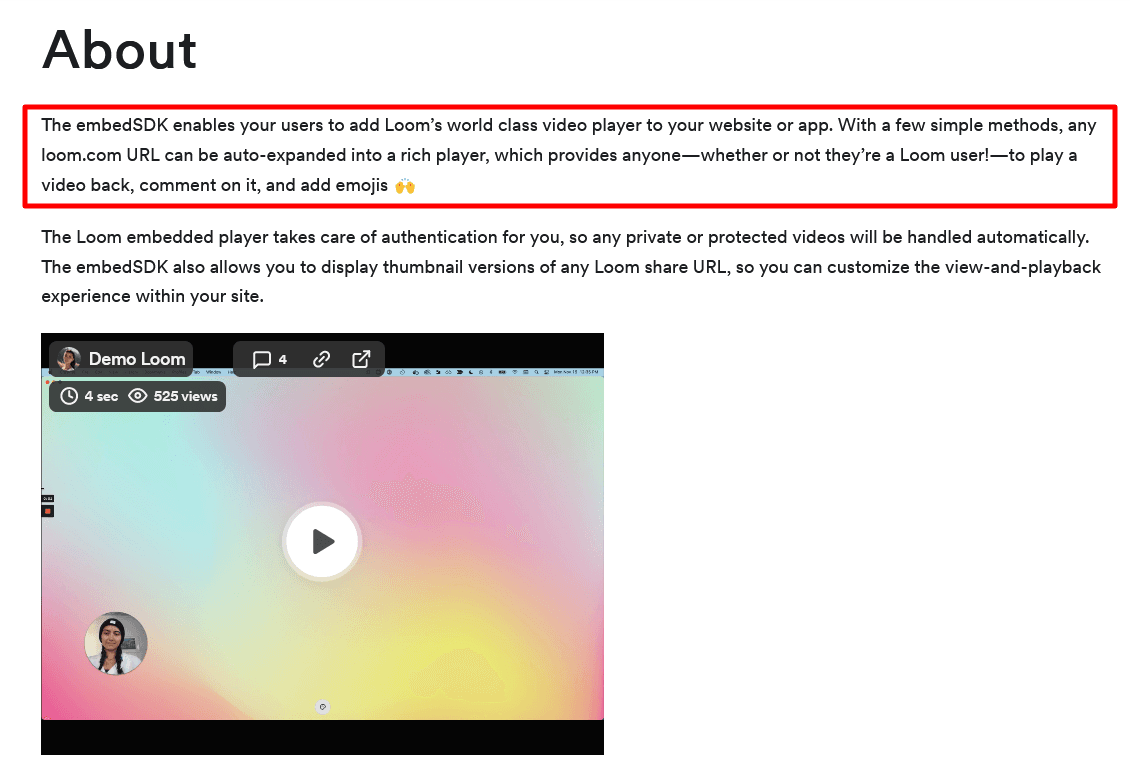 Loom ''About'' section