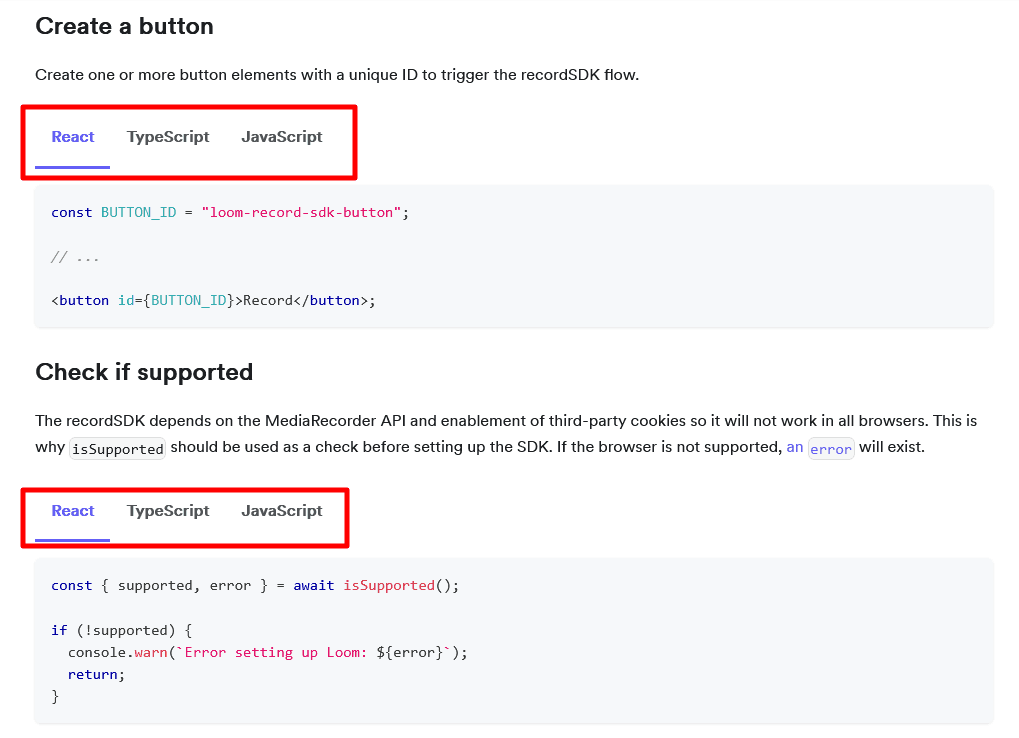 Loom have three different code samples