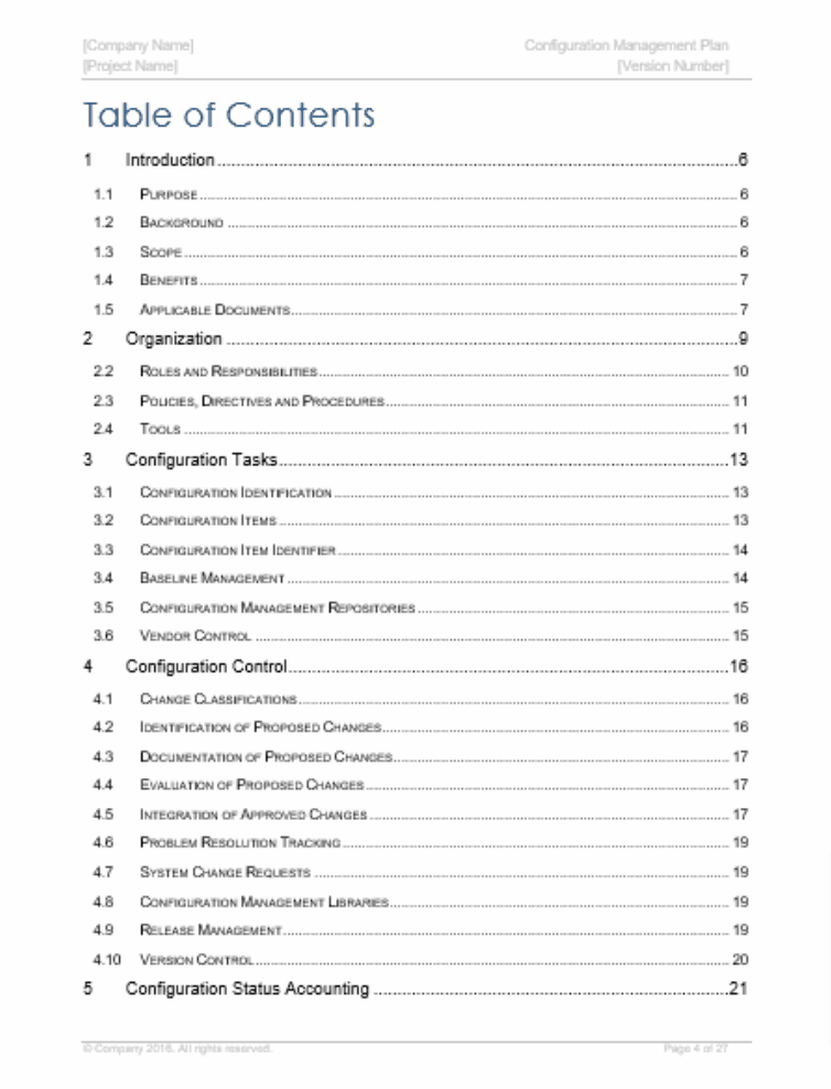 Standard table of contents in an example configuration plan