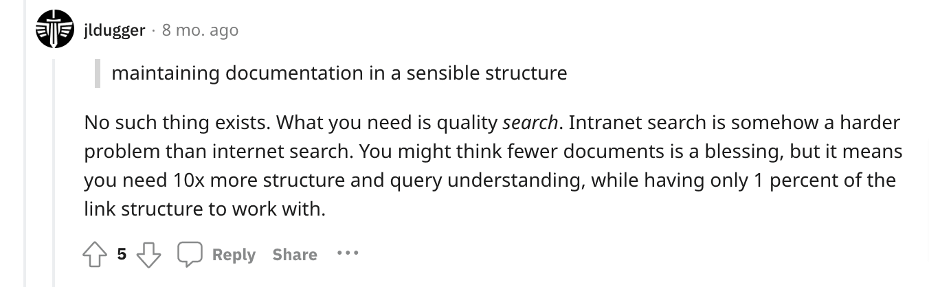 Reddit post about maintaining documentation in a sensible structure