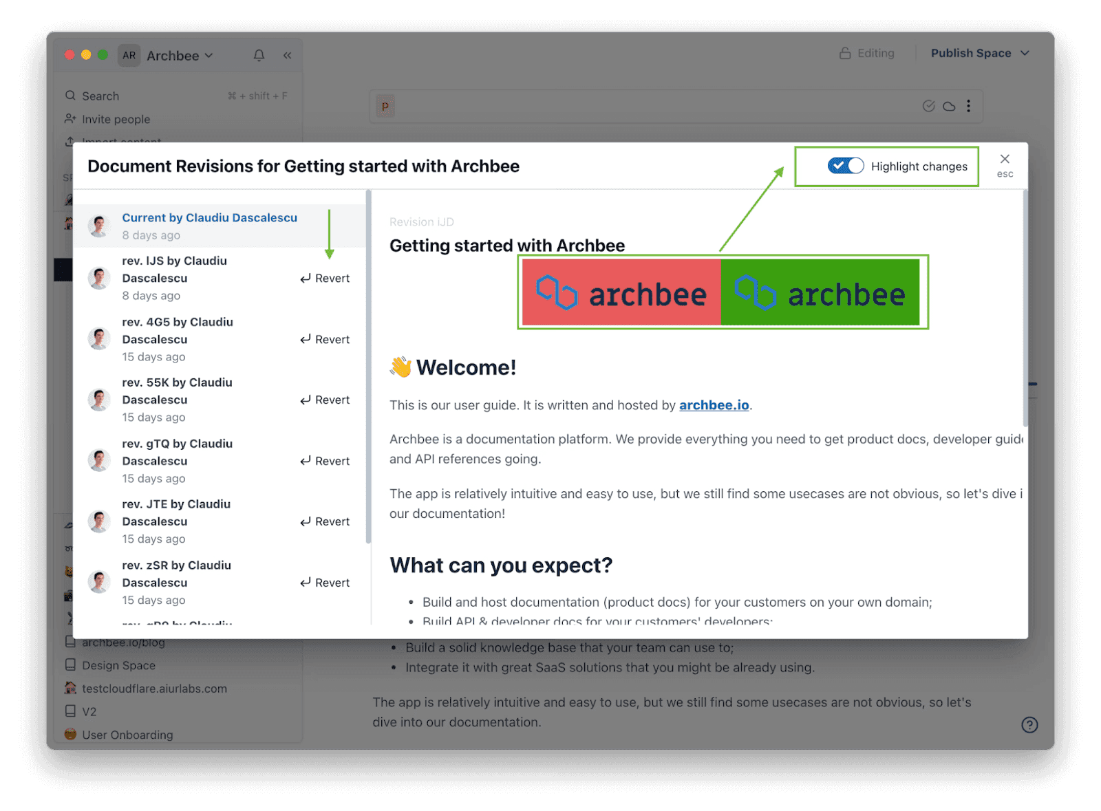 Highlight changes toggle to show the changes in Archbee