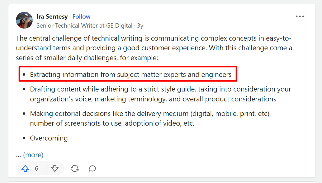 Post about technical writing on Quora