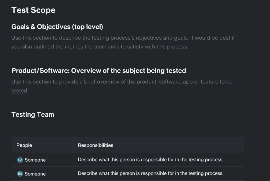 Part of the template for a test plan that Slite offers its users