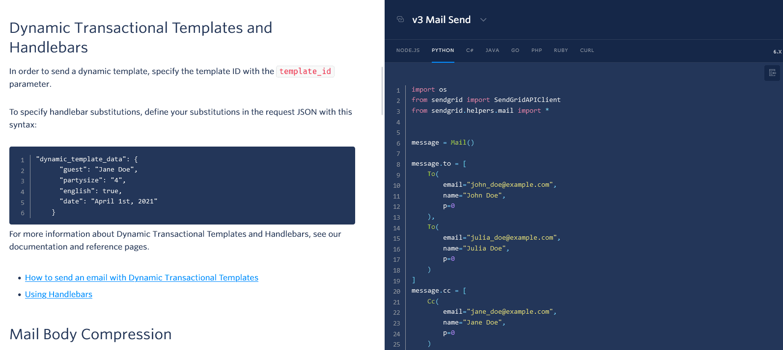 How SendGrid provides code examples next to the text in their documentation
