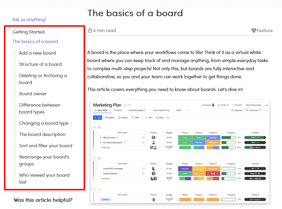 monday.com have table of contents on the left-hand side of the page