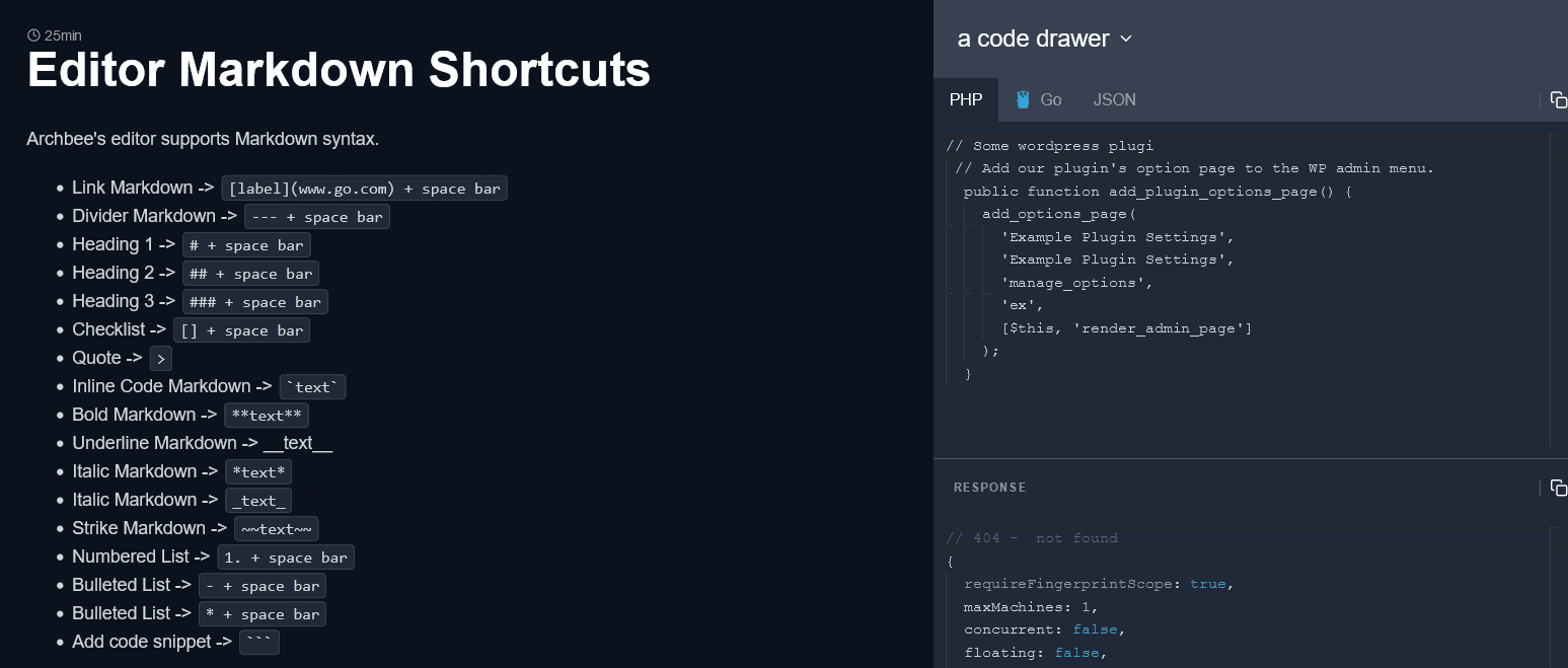 Archbee Editor Markdown Shortcuts