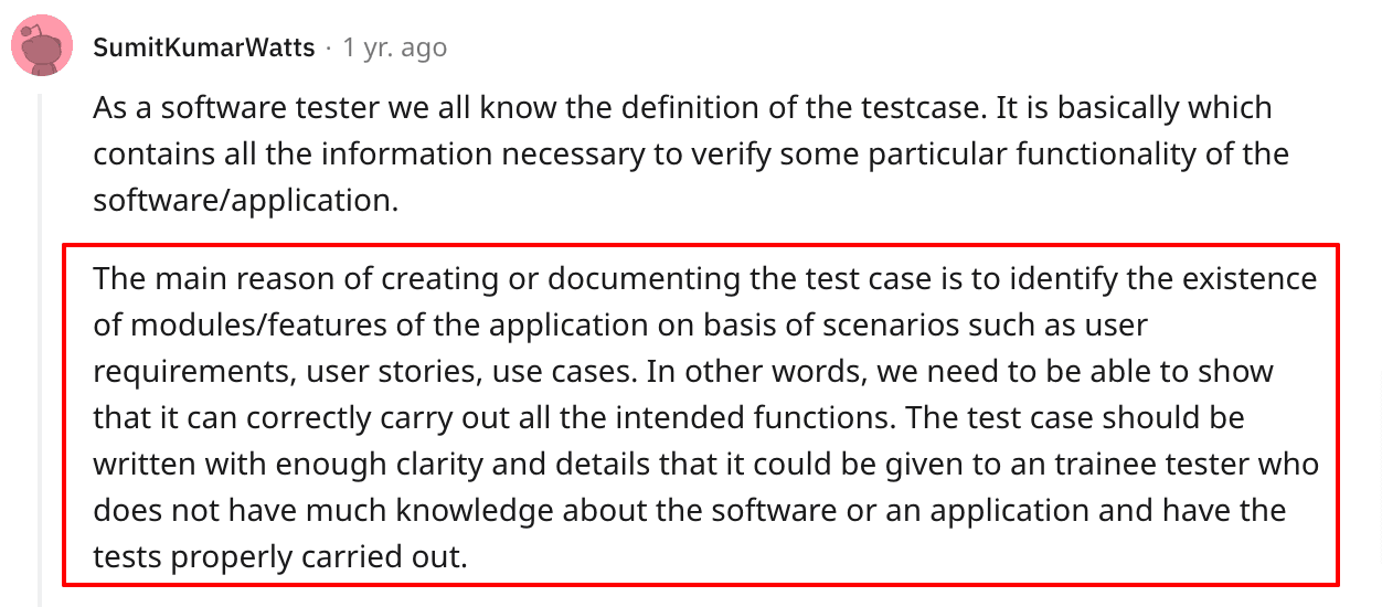 Reddit post about testing documentation