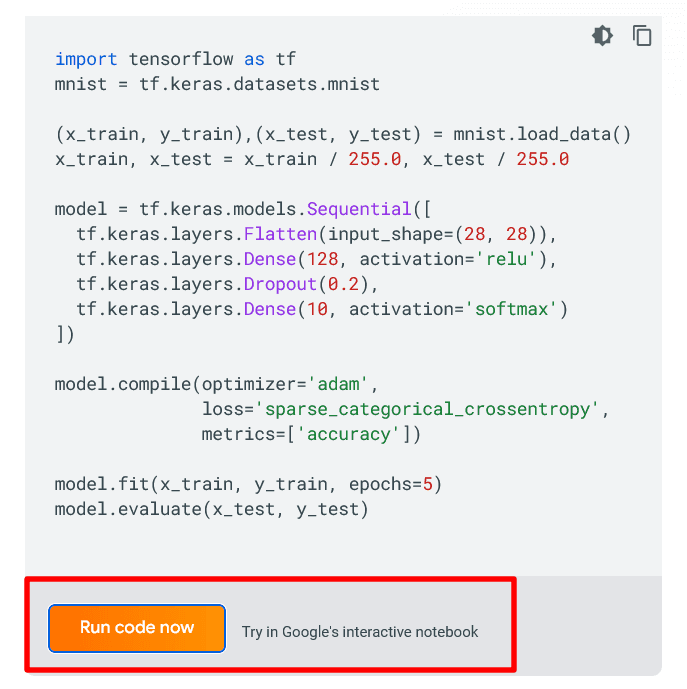TensorFlow documentation running code in Google’s collaborative notebook