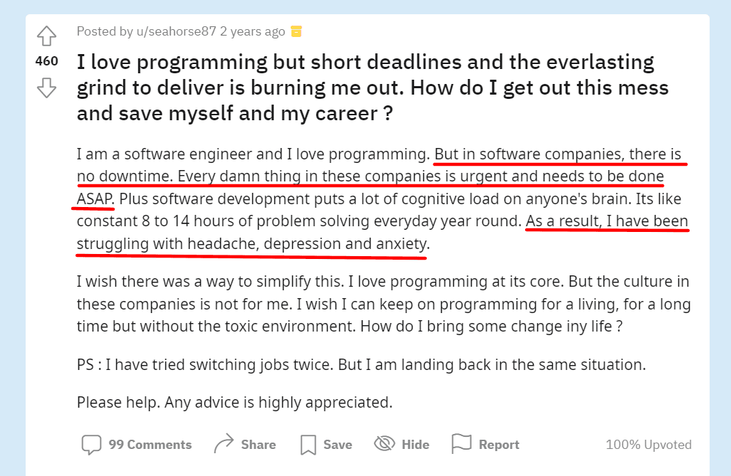 Screenshot from Reddit with Developers and Short Deadline