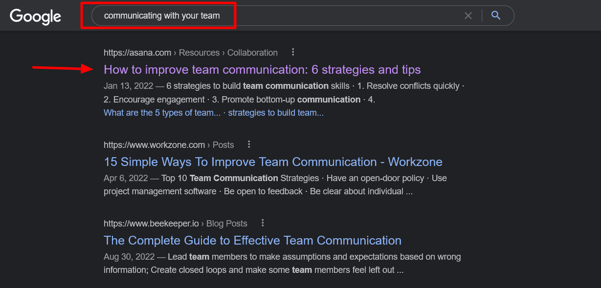 Google SERP Results on ''communicating with your team''