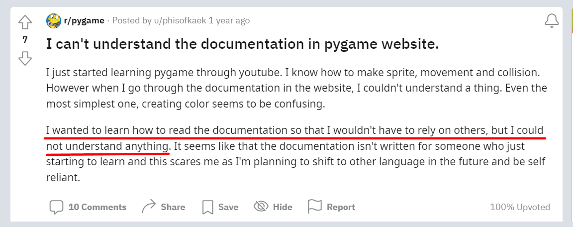 Reddit post about technical documentation