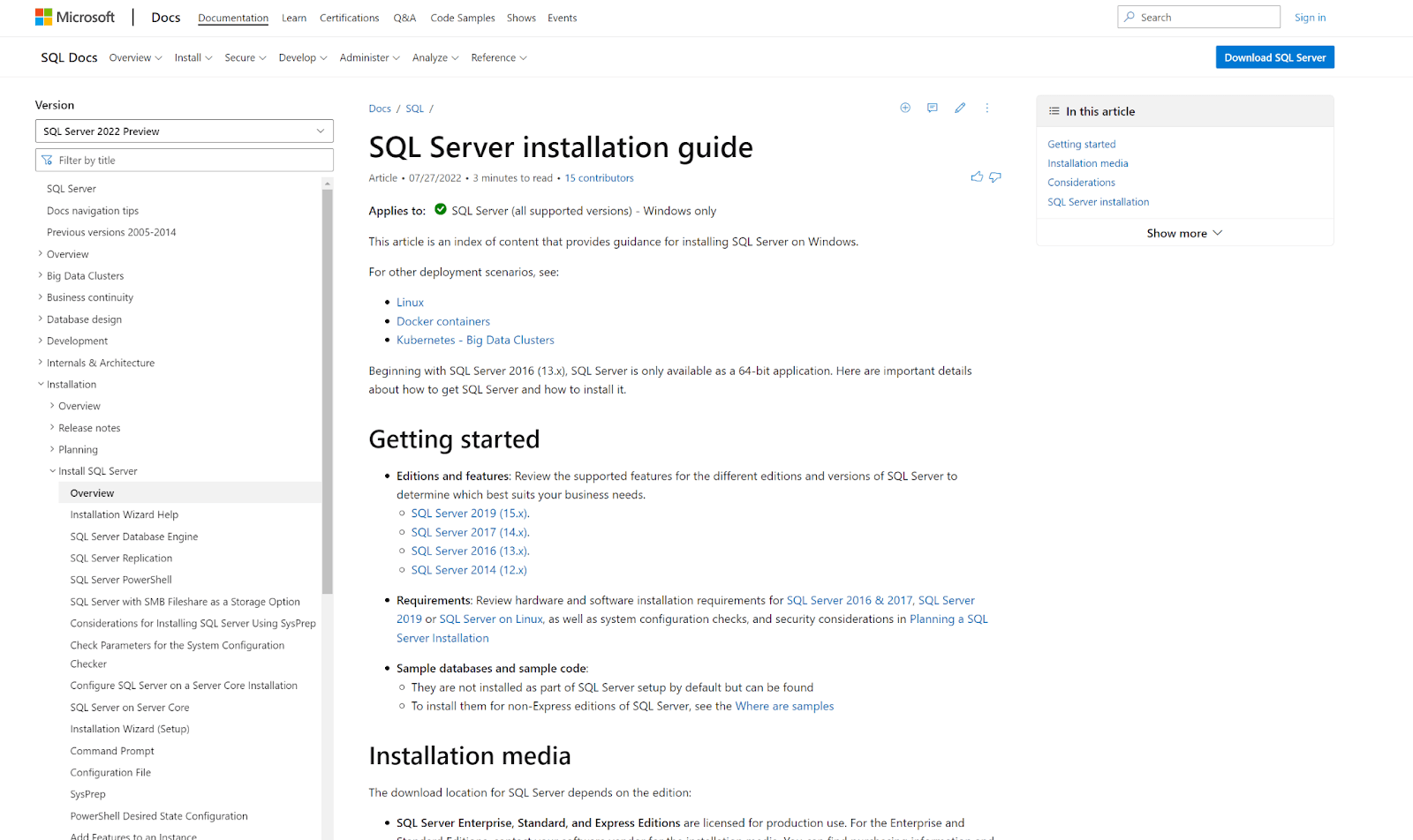 SQL Server installation guide on Microsoft