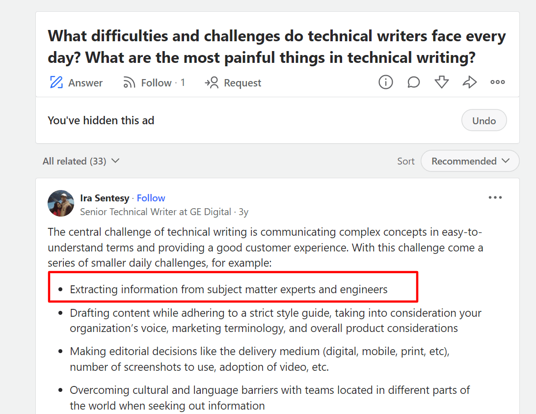 Quora ost about What difficulties and challenges do technical writers face every day