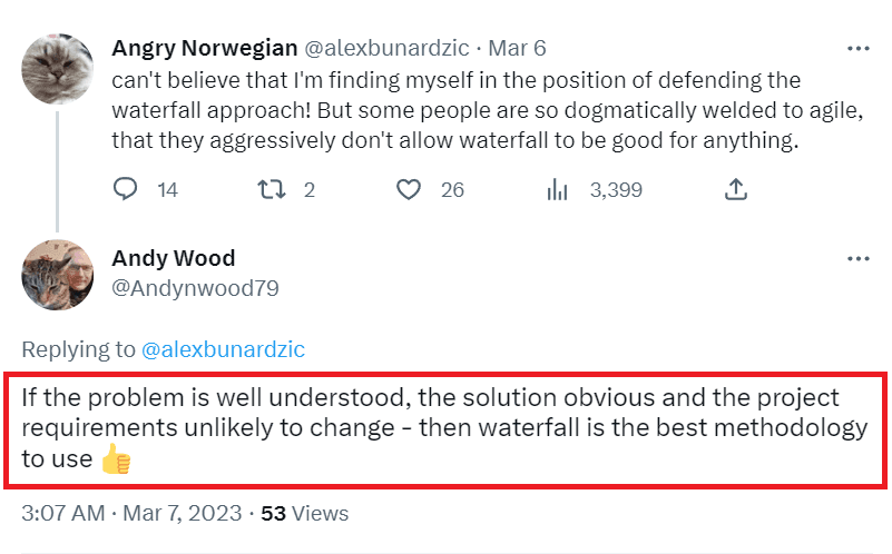 Twete about Waterfall methodology