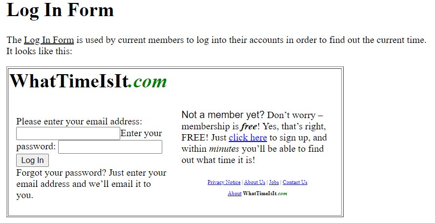 Log In Form on WhatTimeIsIt.com