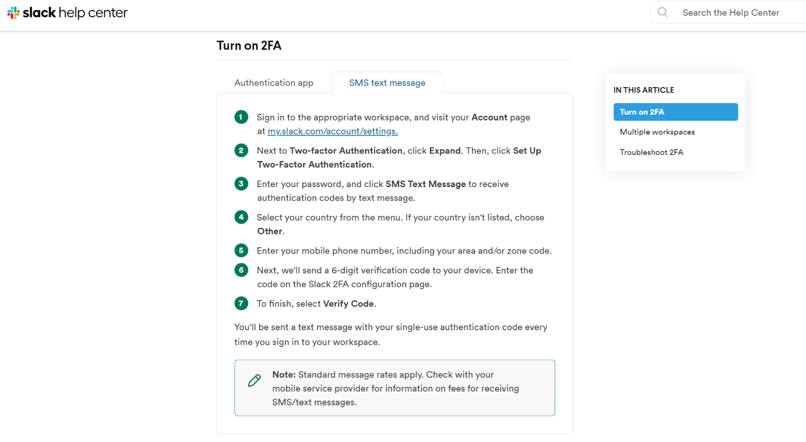 Enabling two-factor authentication on Slack