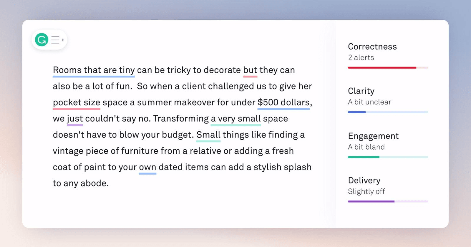 Grammarly's color-coded AI suggestions show what needs fixing