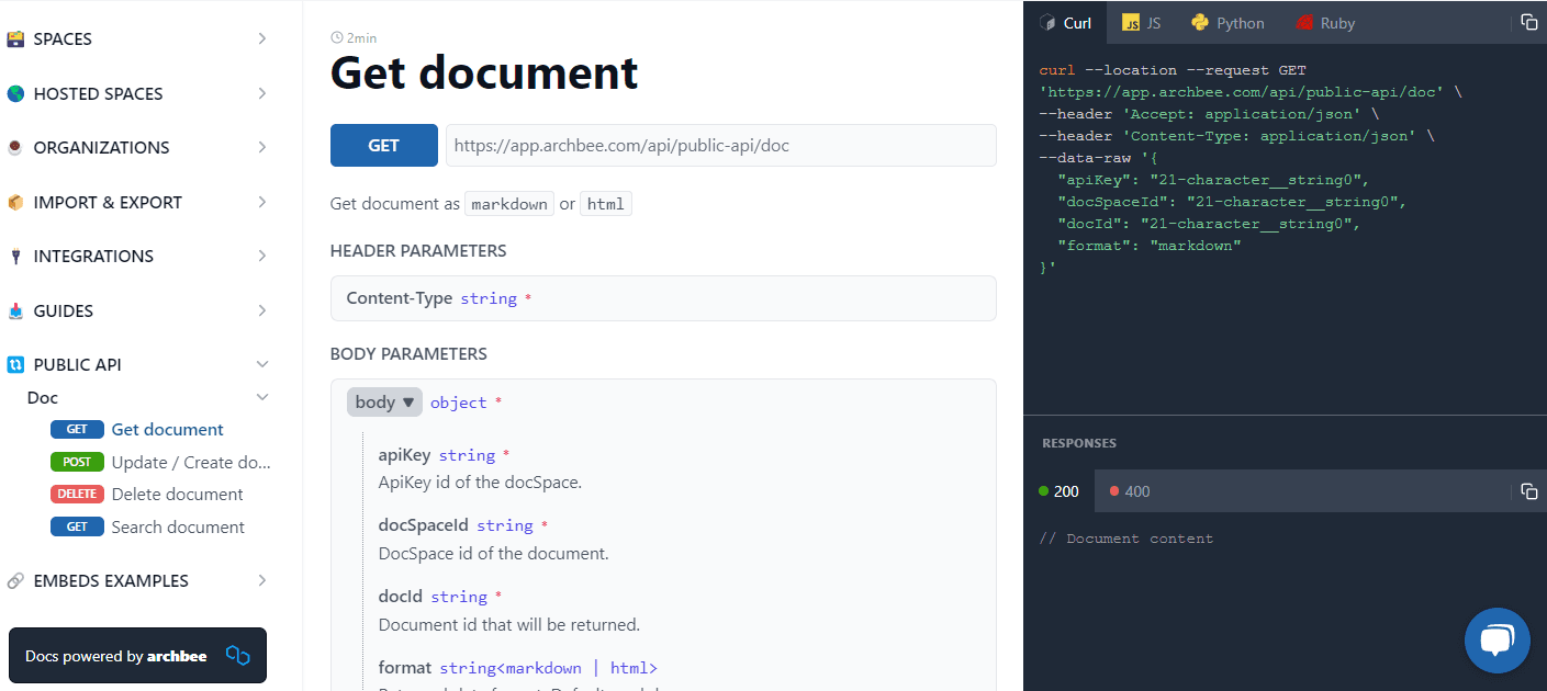 Get document as markdown or html