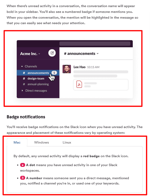 Screenshot from Slack with user guide about notifications