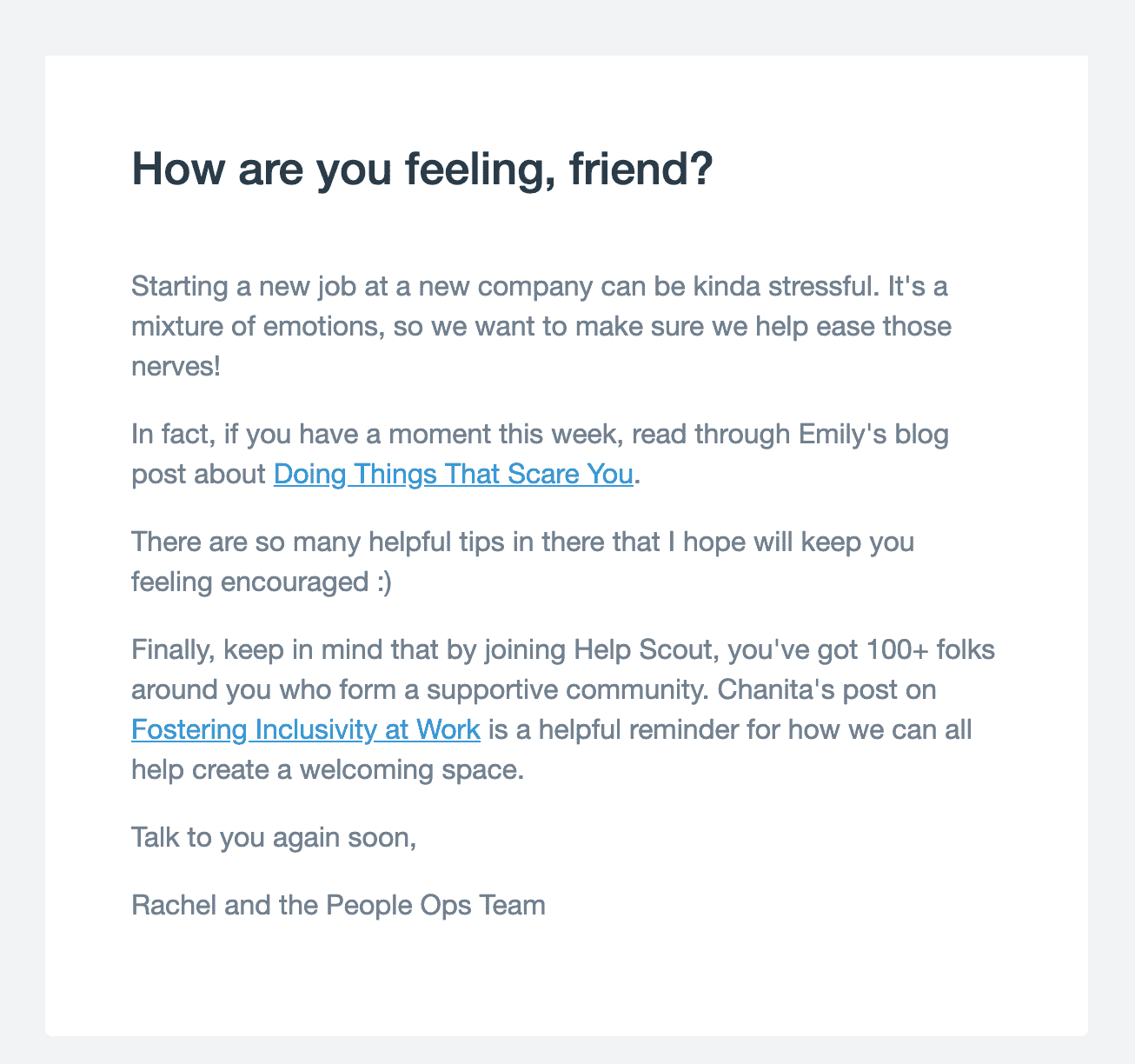 Example of a friendly welcome message by Josh Loe