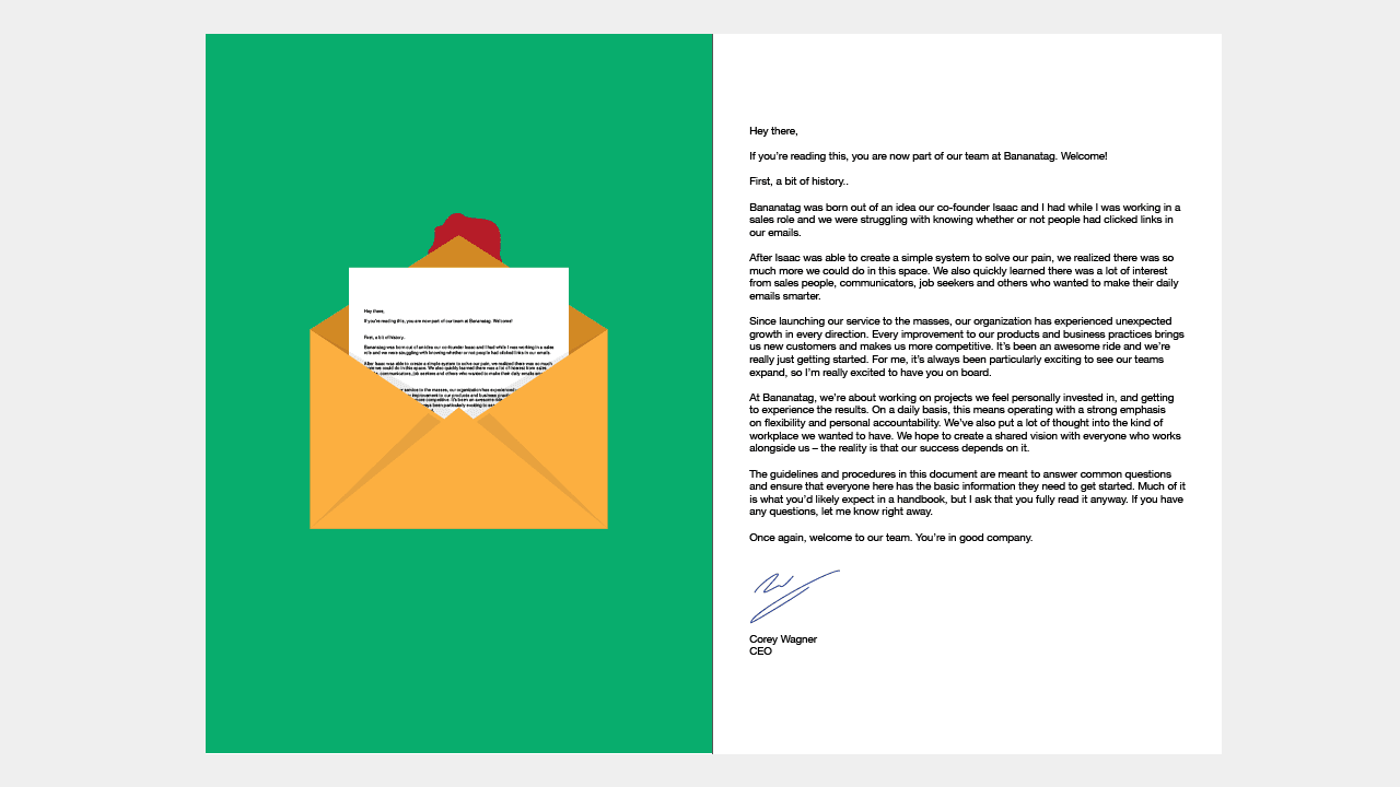 Example of a welcome message from the CEO by Bananatag