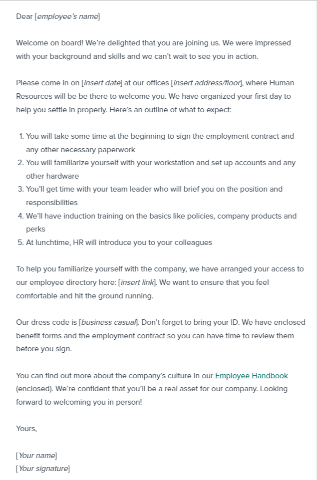 Example of a welcome message for new employees from HR by Workable