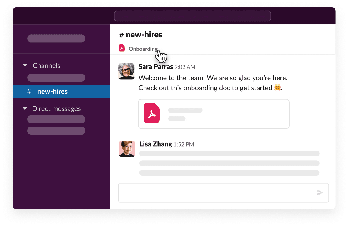 Example of a welcome message on Slack