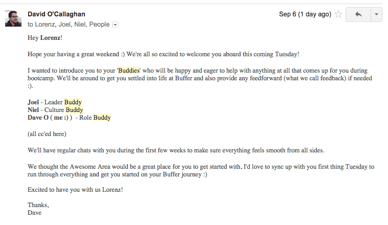 Example of a welcome message from their work buddy by Buffer
