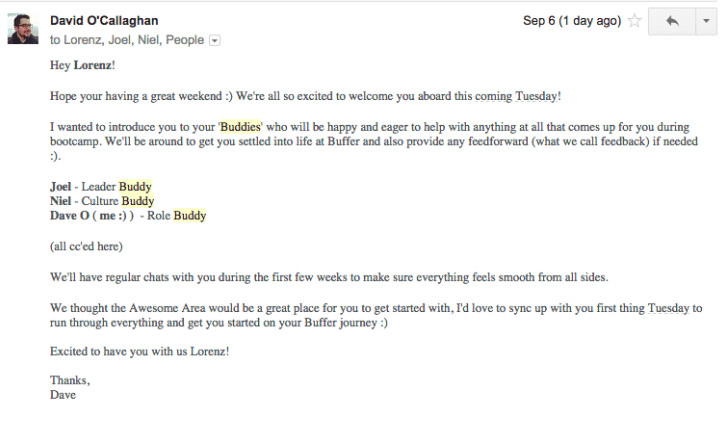 Welcome-to-the-company email example from a LinkedIn post