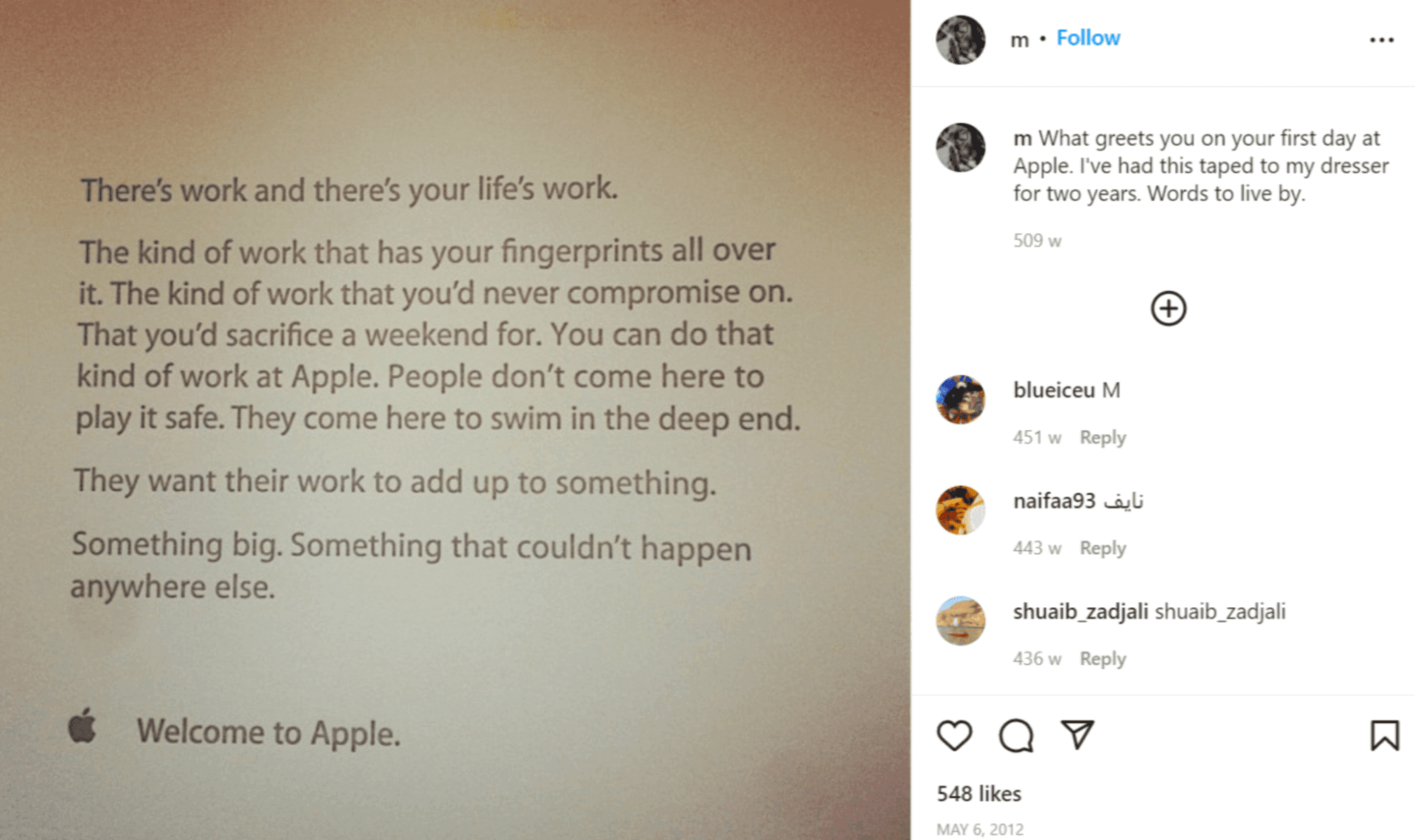 Instagram post with welcome-to-the-company message from Apple