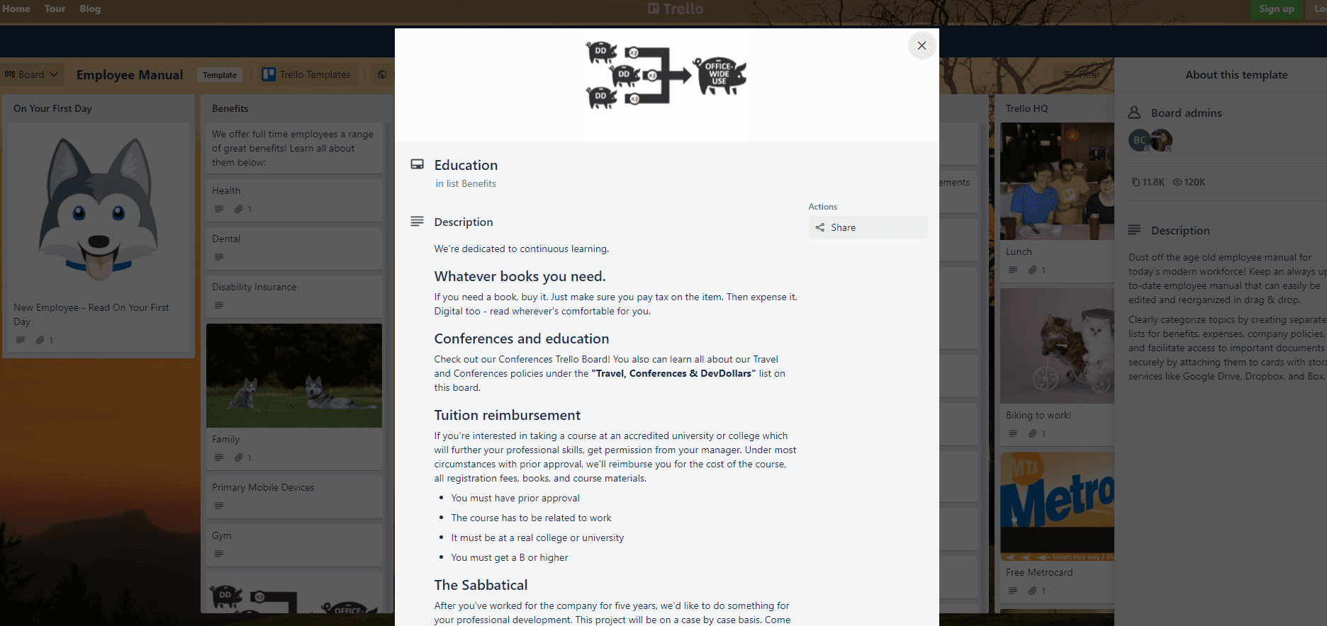 Trello lists their company benefits inside their own platform