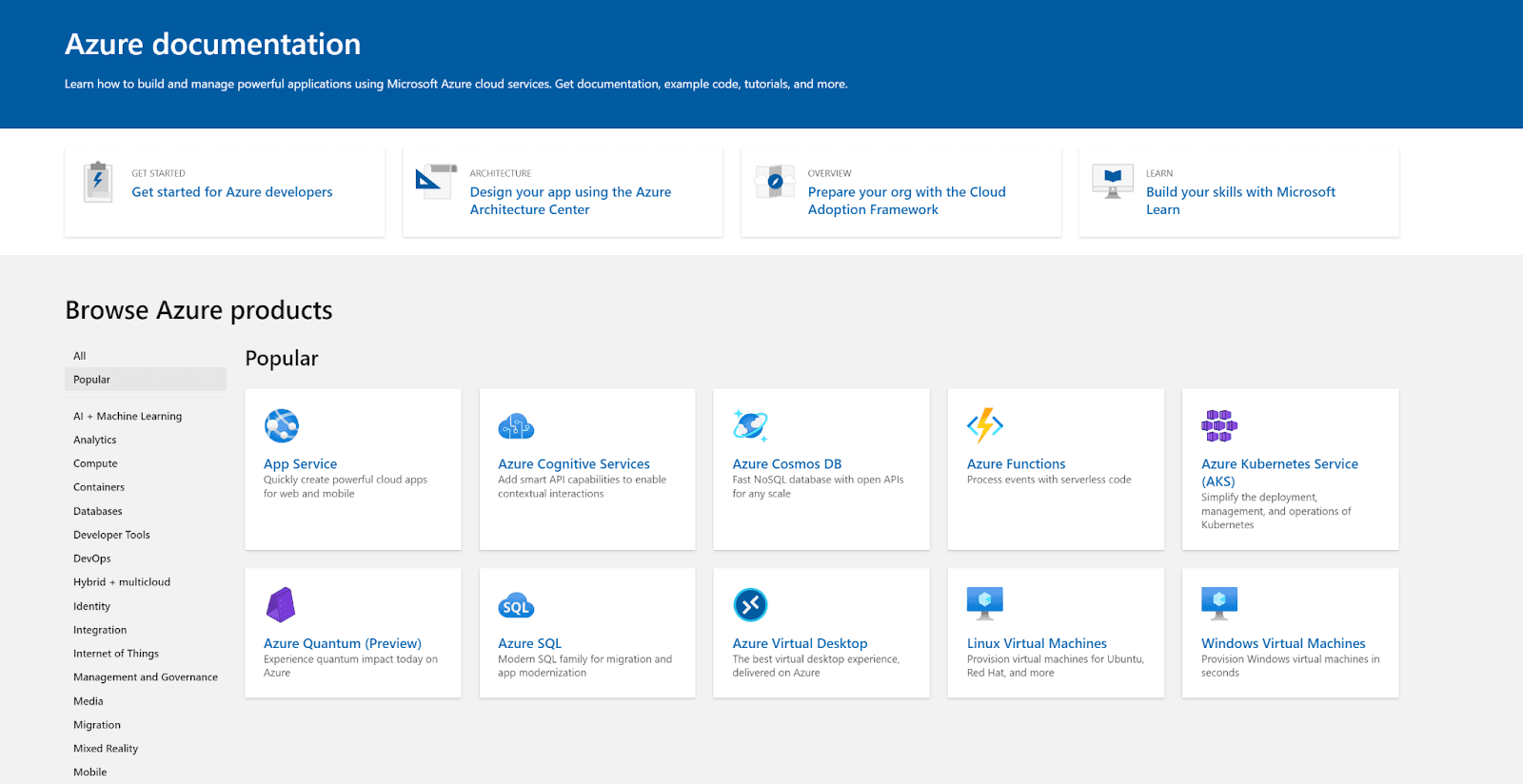 Documentation page of Microsoft’s cloud service - Azure