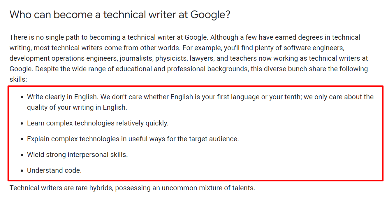 Requirements for technical writers at Google