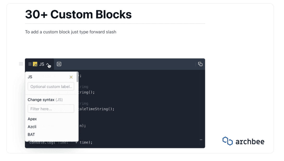 Archbee’s editor 30+ custm blocks