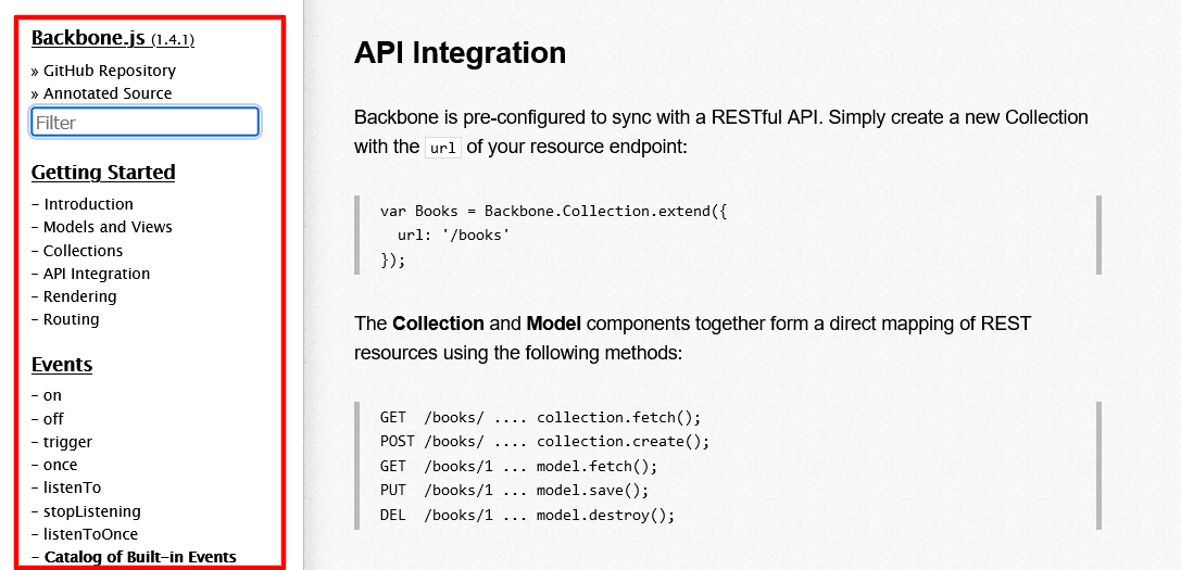 Backbone.js puts all of their documentation on the same page