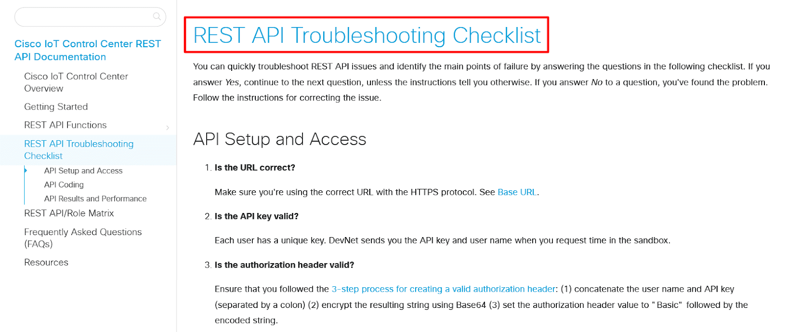 Cisco has an API troubleshooting checklist