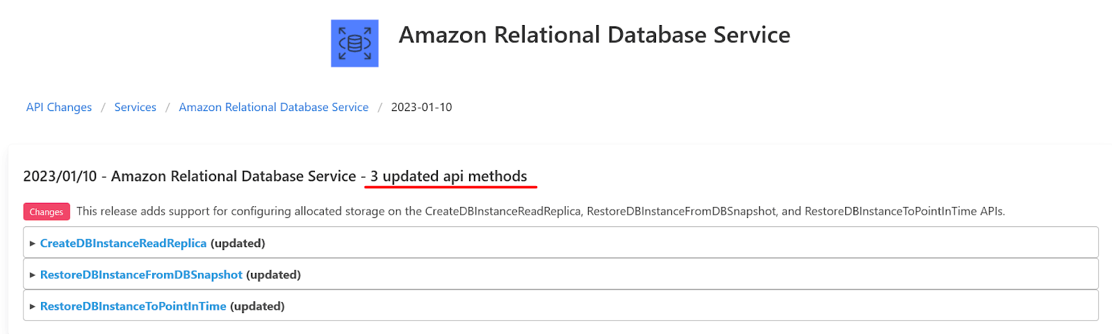 Amazon Relational Database Service - 3 updated api methods