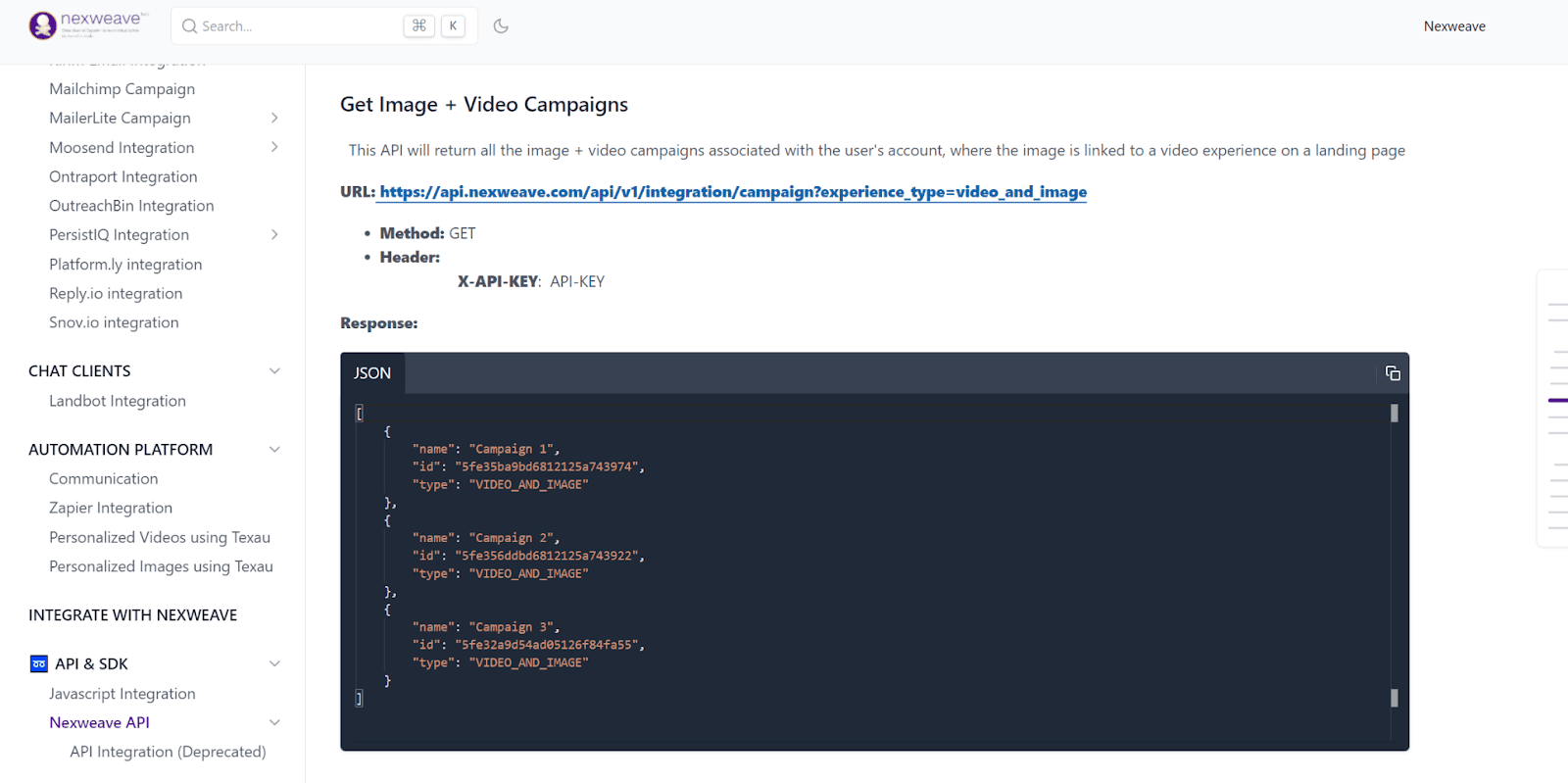 Nexweave API example
