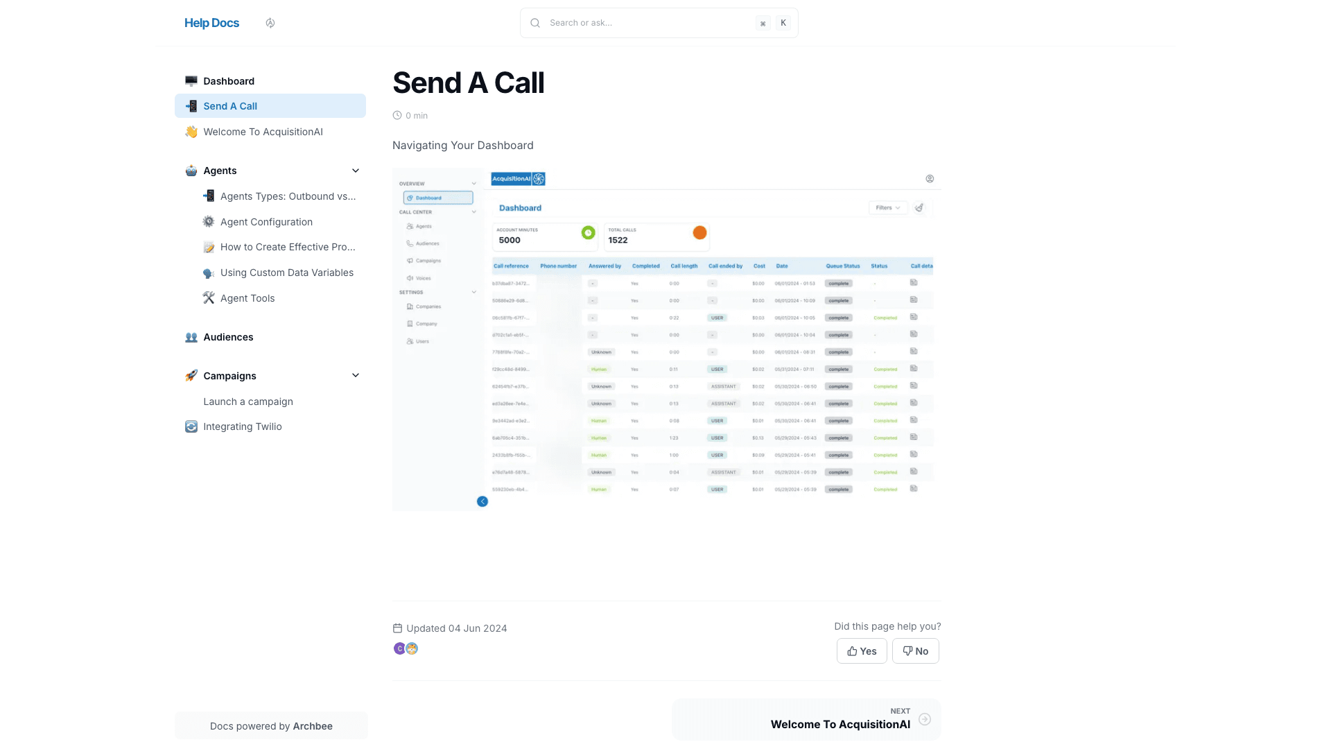 AcquisitionAI documentation portal desktop view
