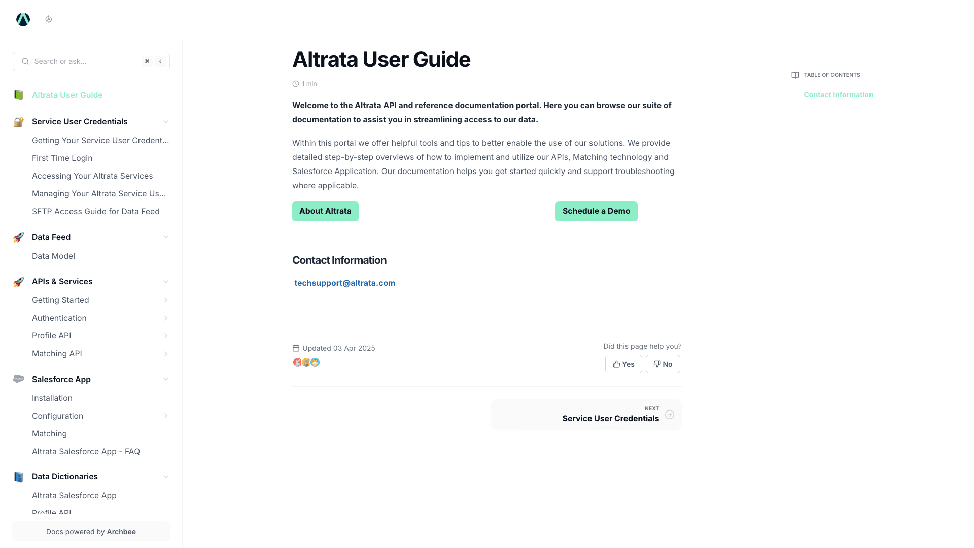 Altrata documentation portal desktop view