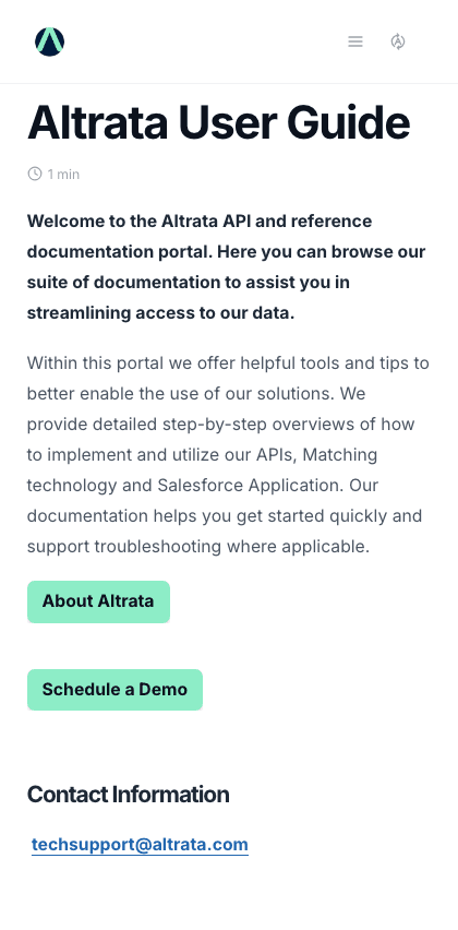 Altrata documentation portal mobile view