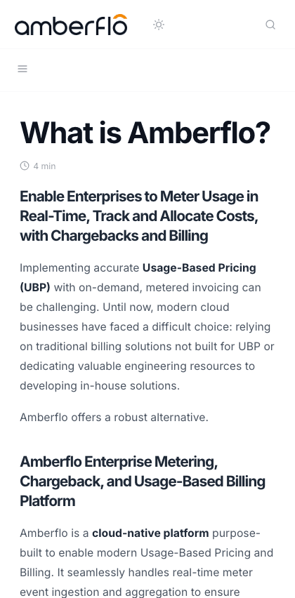 Amberflo documentation portal mobile view