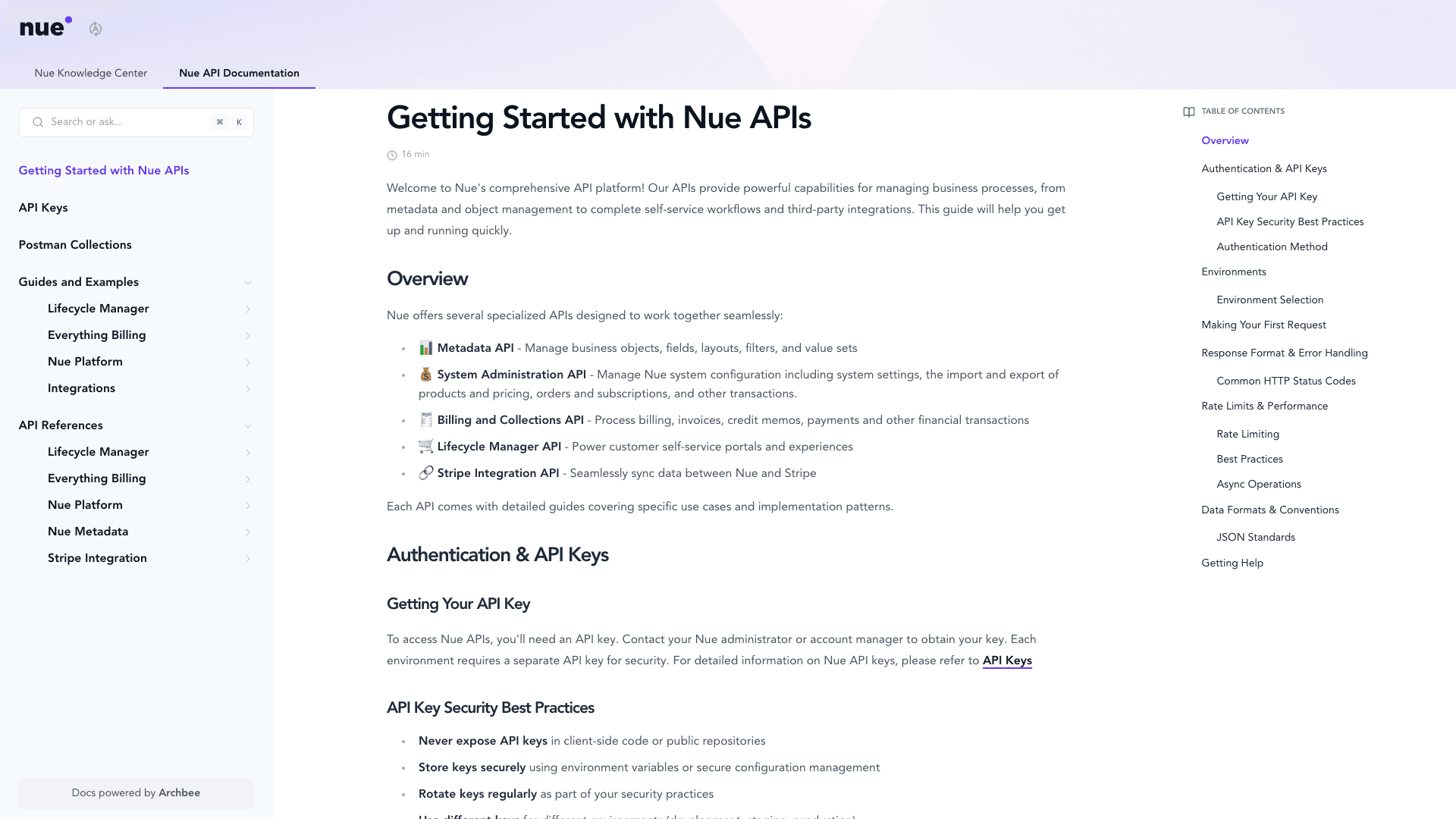 Nue API Docs documentation portal desktop view